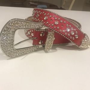 L/XL red leather belt with bling